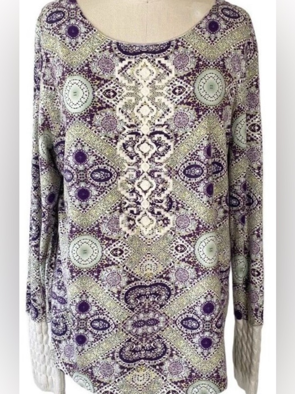 Sundance Catalog Veda Embroidered Front Top XL Cable Knit Cuff Tile Print